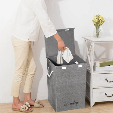 Foldable Linen Laundry Hamper with Lid and Rope Handles – Freestanding Storage Basket for Clothes, Towels, and More