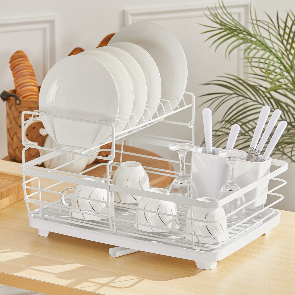 2-Tier Metal Dish Rack with Utensil Holder Dish Drainer for Kitchen Counter