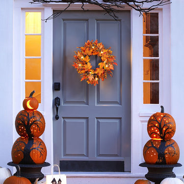 Lighted Maple Leaves Rattan Wreath with Berries - Autumn Door and Window Decoration with LED Lights