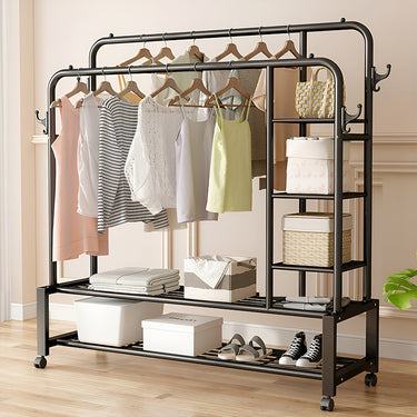Double-Rod Clothes Rack with Wheels and Side Shelves – Black Metal, 120cm