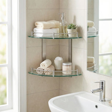 2-Tier Tempered Glass Corner Shelf – Wall-Mounted Bathroom Organizer with Stainless Steel Frame
