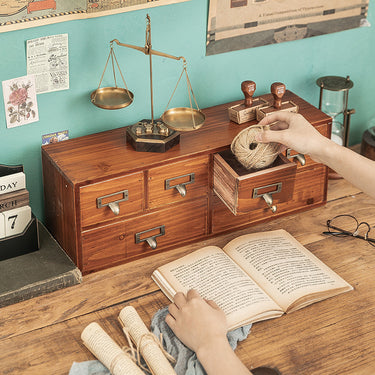 Retro Wood 6-Drawer Desktop Organizer – Vintage Storage for Office & Home