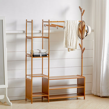 Freestanding Bamboo Clothes Rack with Shelves, Coat Hooks & Shoe Storage – All-in-One Entryway Organizer