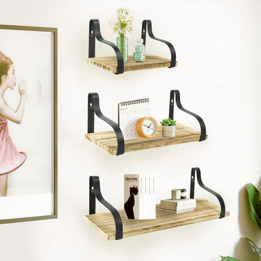 3-Piece Rustic Wood & Metal Floating Shelf Set – Wall-Mounted Decorative Storage Brackets - Lifeideas