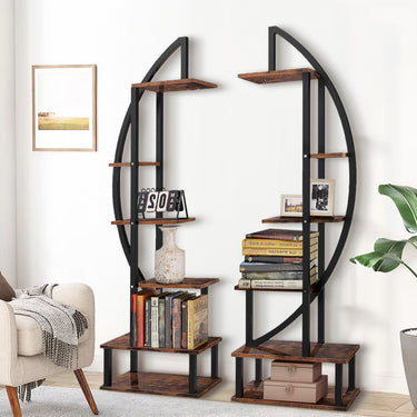 2-Piece Crescent-Shaped Tiered Wooden Plant Stand – 6-Tier Indoor/Outdoor Display Rack, Rustic Brown - Lifeideas