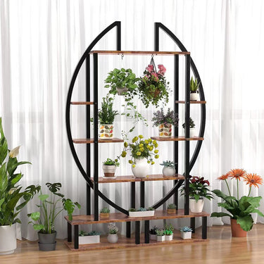 2-Piece Crescent-Shaped Tiered Wooden Plant Stand – 6-Tier Indoor/Outdoor Display Rack, Rustic Brown - Lifeideas