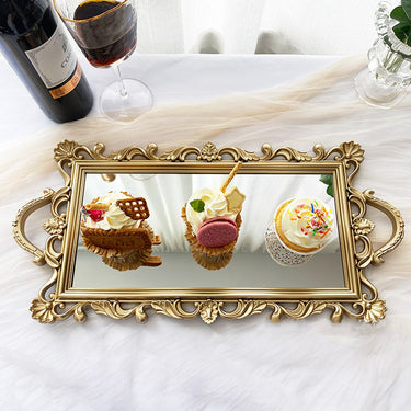 Elegant Mirror Base Serving Tray with Gold Decorative Border and Handles – Stylish & Functional Home Accent
