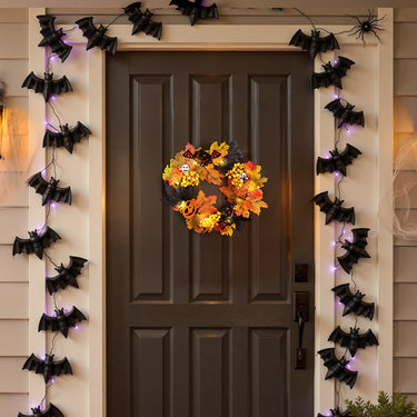 Realistic Halloween Wreath with LED Lights - Eerie Maple Leaves, Berries, and Spooky Decorations for Doors and Windows