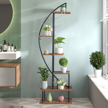 2-Piece Crescent-Shaped Tiered Wooden Plant Stand – 6-Tier Indoor/Outdoor Display Rack, Rustic Brown - Lifeideas