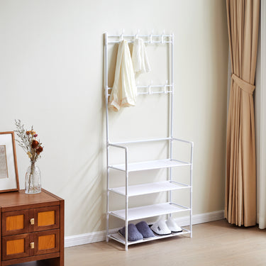 Entryway 4-Tier Shoe Rack with Coat and Accessory Hanger – Space-Saving Metal & Fabric Organizer