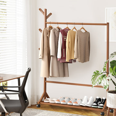 Bamboo Garment and Hat Rack with Wheels – Mobile Clothing Organizer with Shelf