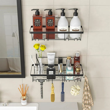 4-Piece No-Drill Shower Caddy Set – Wall-Mounted Bathroom Organizer with Hooks - Lifeideas