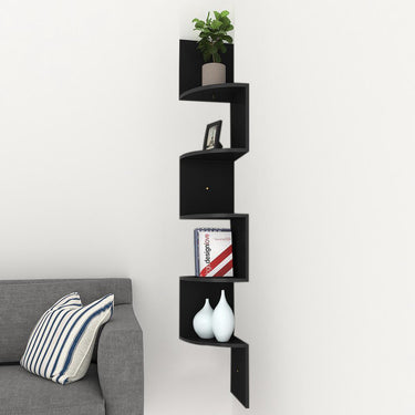 Wooden 5-Tier Zigzag Floating Corner Shelf – Space-Saving Storage in Black