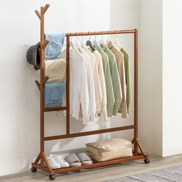 Bamboo Garment Rack with Wheels and Trousers Organizer – Mobile Clothing Stand with Shelf
