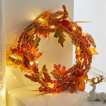 Autumn Harvest LED Wreath – Golden Sorghum Fall Door Decoration with Lights, 50cm - Lifeideas