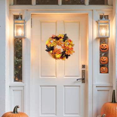 Realistic Halloween Wreath with LED Lights - Eerie Maple Leaves, Berries, and Spooky Decorations for Doors and Windows