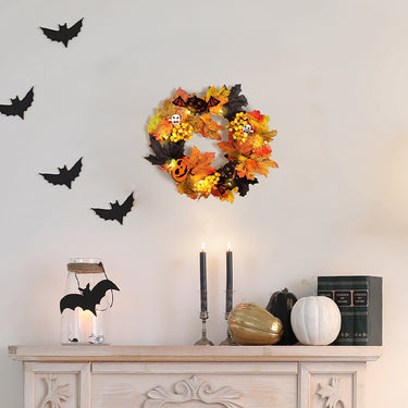 Realistic Halloween Wreath with LED Lights - Eerie Maple Leaves, Berries, and Spooky Decorations for Doors and Windows