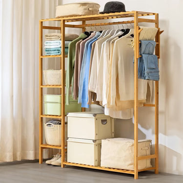 Wooden Clothes Rack with Side Hooks – Multi-Layer Open Wardrobe Organizer