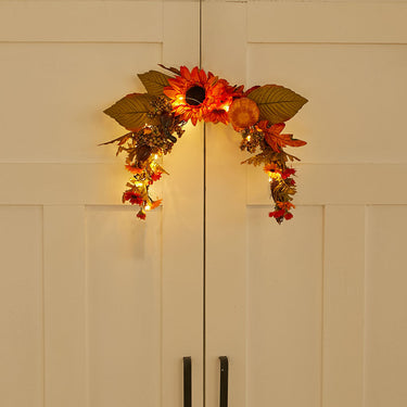 Artificial Sunflower & Pumpkin Halloween Wreath with LED Lights