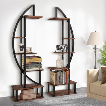 2-Piece Crescent-Shaped Tiered Wooden Plant Stand – 6-Tier Indoor/Outdoor Display Rack, Rustic Brown - Lifeideas