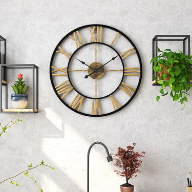 Antique Oversized Metal Wall Clock – Roman Numerals and Vintage Black & Gold Finish for Rustic Home Decor - Lifeideas