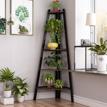 5-Tier Freestanding Vintage Ladder Corner Shelf – Brown & Black Industrial Storage Rack - Lifeideas