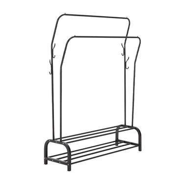 Double-Rod Metal Garment Rack with Hooks and Storage Shelf