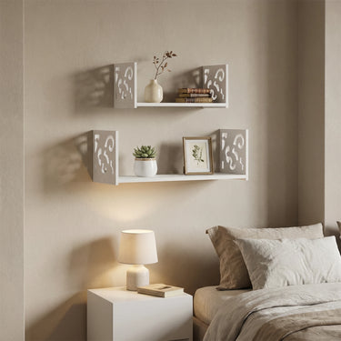 Set of 2 U-Shaped Floating Wall Shelves – Decorative White Display Racks with Carved Detailing