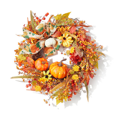 Halloween Artificial Pumpkin and Maple Leaves Wreath – 50cm Seasonal Fall Decoration