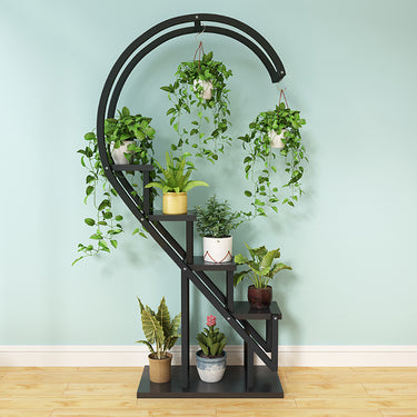 4-Tier Curved Plant Stand with Hanging Hooks – Modern Iron Display Shelf - Lifeideas