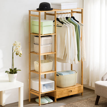 Wooden Clothes Rack with Hooks and Bottom Drawer – Freestanding Wardrobe Organizer