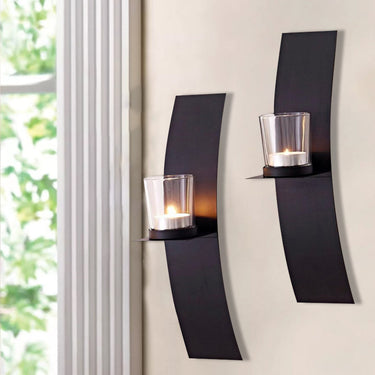 Set of 2 Wall-Mounted Candle Holders with Glass Cups — Matte Black Elegant Tea Light Holders