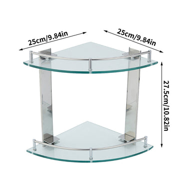 2-Tier Tempered Glass Corner Shelf – Wall-Mounted Bathroom Organizer with Stainless Steel Frame - Lifeideas