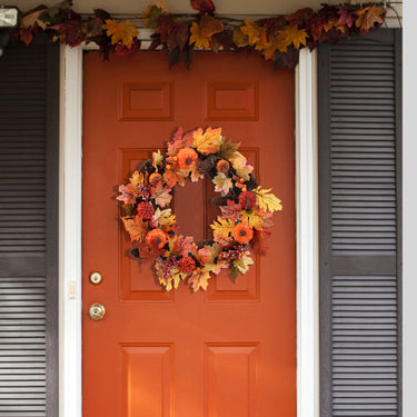 Faux Maple Leaves Halloween Wreath with Lights - Autumn Door Decoration with Pumpkins, Berries, and Pine Cones
