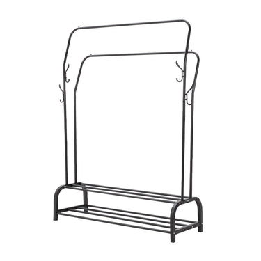 Double-Rod Metal Garment Rack with Hooks and Storage Shelf