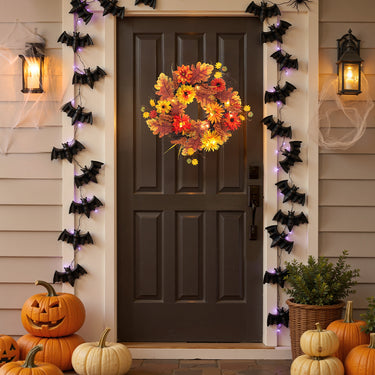 Large Autumn Daisy & Maple Leaf Wreath with LED Lights