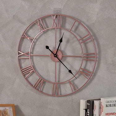 Vintage Rose Gold Wall Clock with Roman Numerals – Oversized Metal Design for Rustic Decor