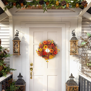 Large Autumn Daisy & Maple Leaf Wreath with LED Lights