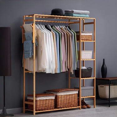 Wooden Clothes Rack with Side Hooks – Multi-Layer Open Wardrobe Organizer