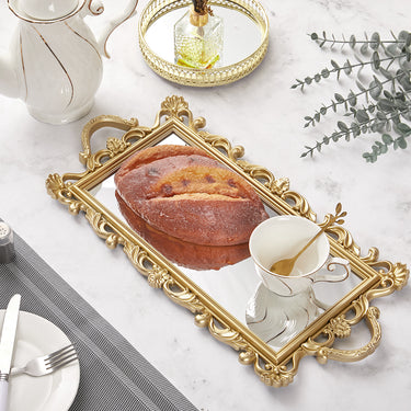 Elegant Mirror Base Serving Tray with Gold Decorative Border and Handles – Stylish & Functional Home Accent