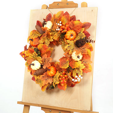 Autumn Harvest Wreath with Pumpkins, Maple Leaves & LED Lights – Front Door Decoration