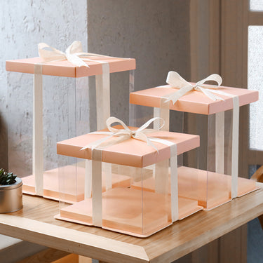 Clear Cake Gift Box with Decorative Ribbon – Tall Display Packaging for Cakes & Desserts