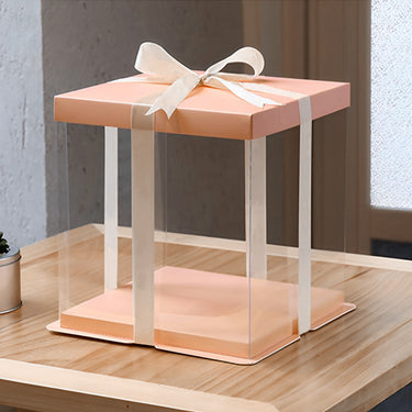 Clear Cake Gift Box with Decorative Ribbon – Tall Display Packaging for Cakes & Desserts