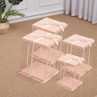 Clear Cake Gift Box with Decorative Ribbon – Tall Display Packaging for Cakes & Desserts