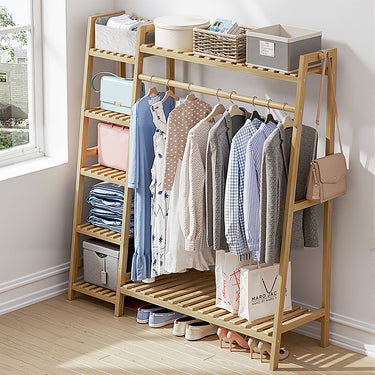 110cm Natural Bamboo Clothes Rack with Shelves and Hooks – Multi-Tier Freestanding Wardrobe Organizer - Lifeideas