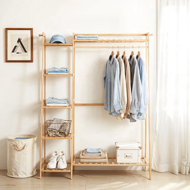 110cm Natural Bamboo Clothes Rack with Shelves and Hooks – Multi-Tier Freestanding Wardrobe Organizer