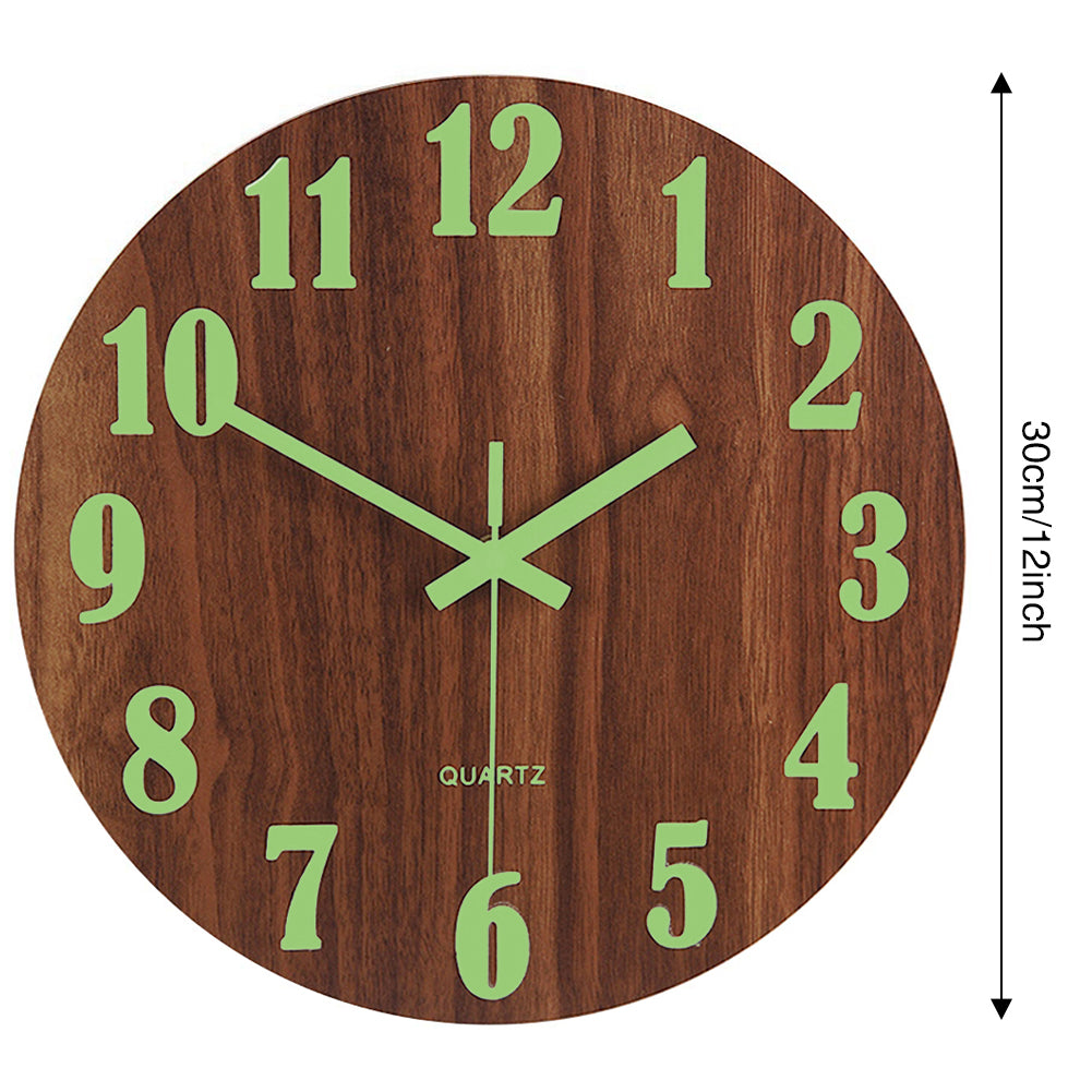 Wooden Luminous Quartz Non-Ticking Wall Clock Battery Operated