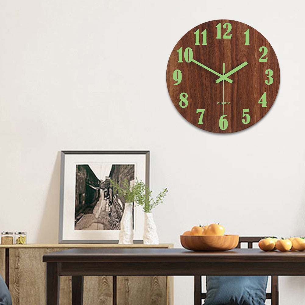 Wooden Luminous Quartz Non-Ticking Wall Clock Battery Operated
