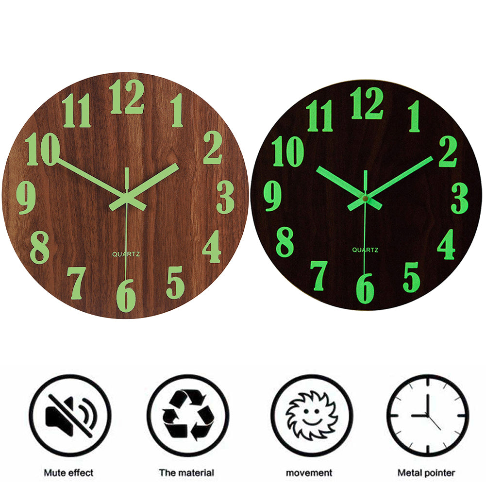 Wooden Luminous Quartz Non-Ticking Wall Clock Battery Operated