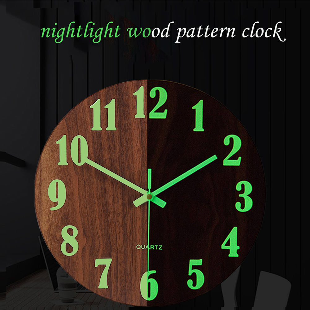 Wooden Luminous Quartz Non-Ticking Wall Clock Battery Operated